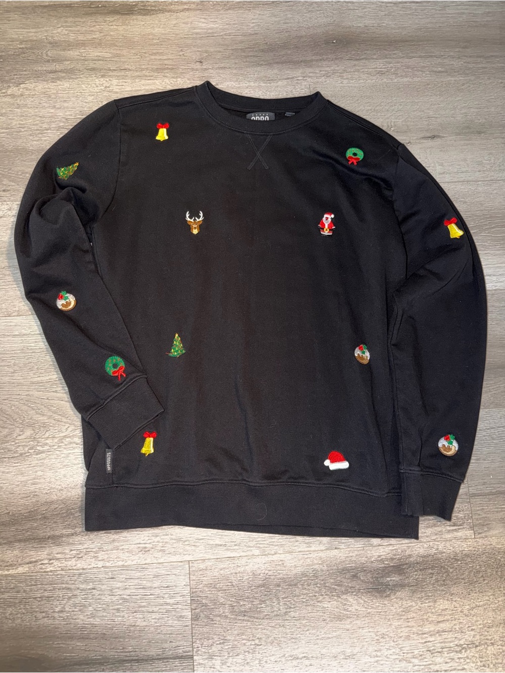 OppoSuits Deluxe Black Crewneck Sweater with Festive Embroidered Motifs
